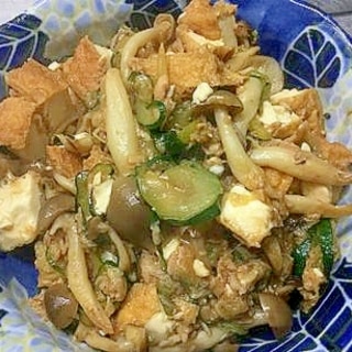 ツナと厚揚げズッキーニとしめじの麺つゆ醤油炒め